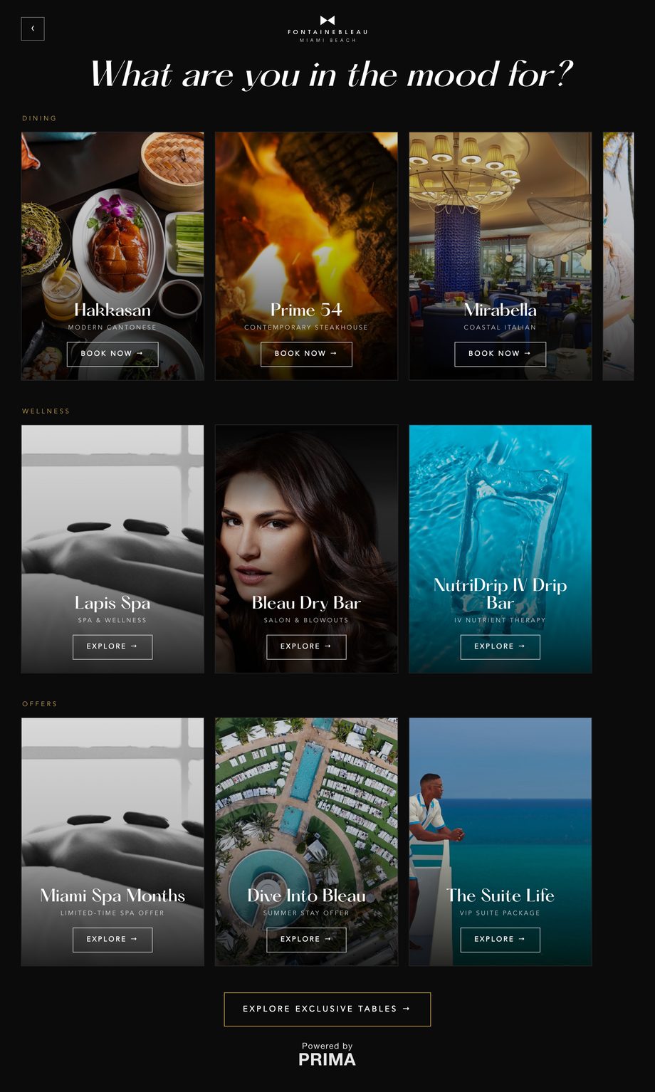 The Fontainebleau’s own PRIMA page, with its restaurants, wellness and offers